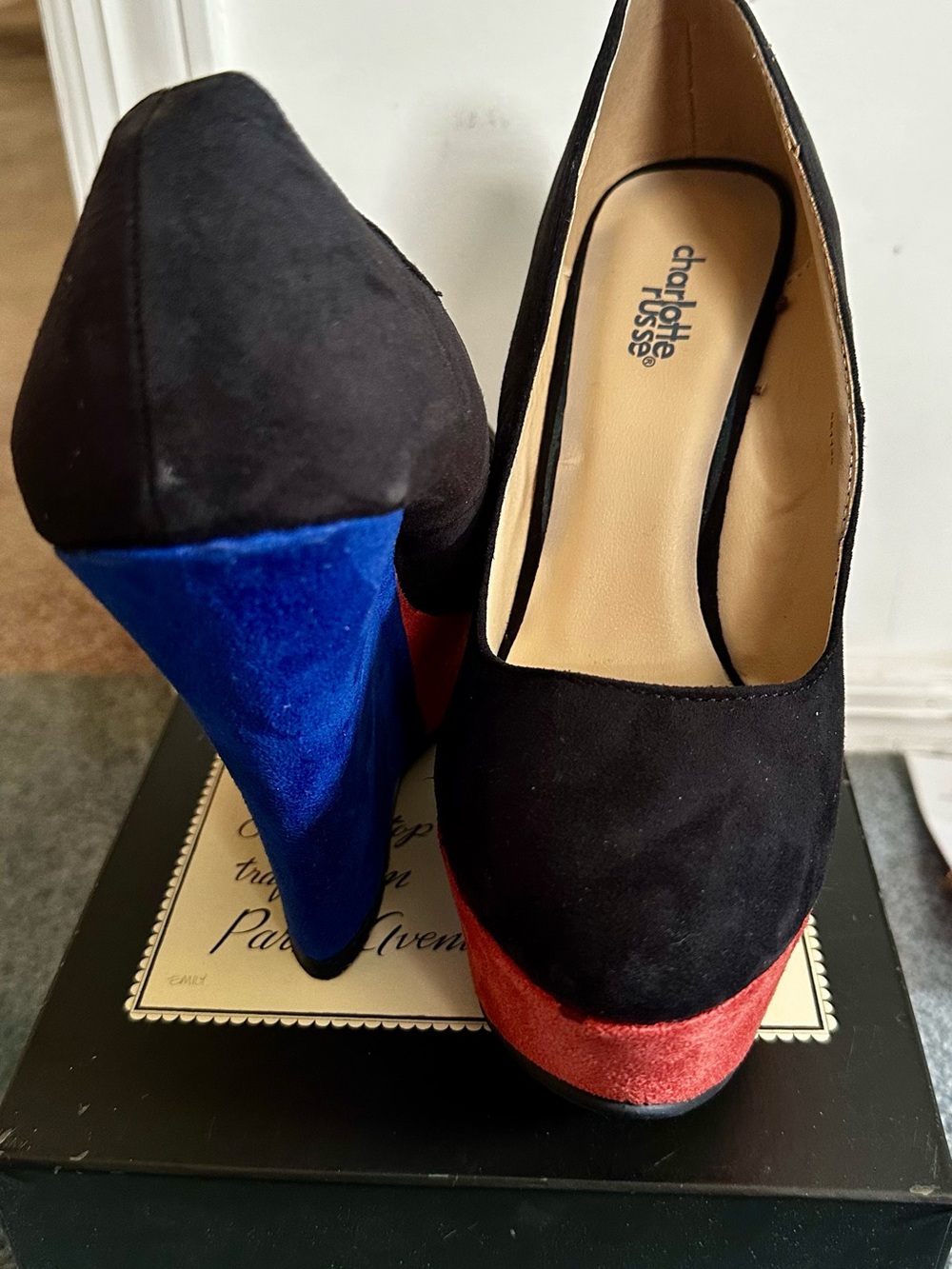 Charlotte Russe Black Platform Pumps with Red and Blue Accents